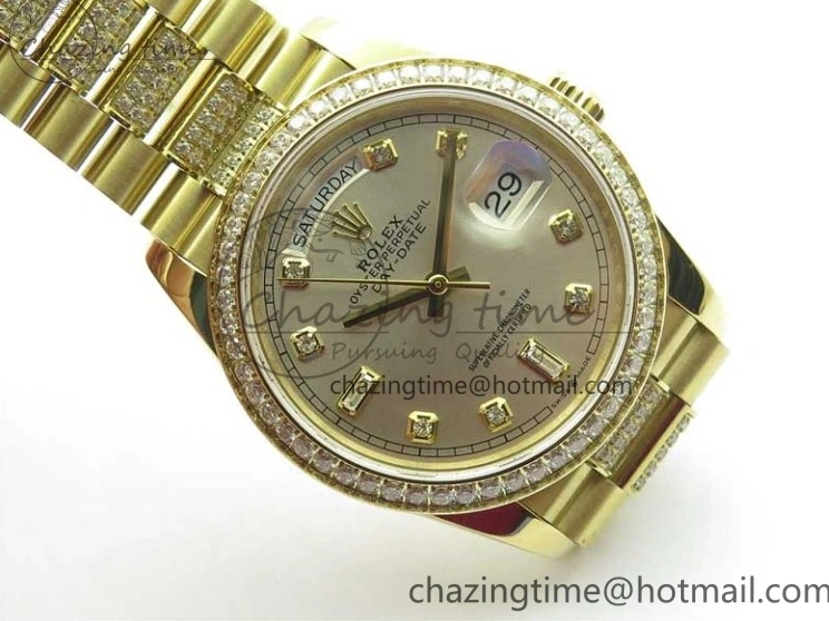0212 DailyWear Day-Date 36mm 128235 YG Crystal BP Best Edition Silver Crystal Marker Dial on YG President Bracelet A 2676